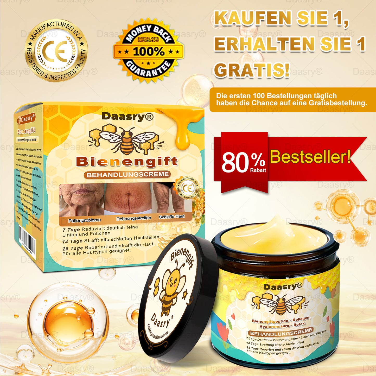 🔥 🇩🇪Made & Shipped from Germany | Clinically Inspired: Daasry® Bee Venom Treatment Cream with bee venom peptides, hyaluronic acid, collagen, and triple peptides💧. Targets wrinkles, sagging, stretch marks, age spots—firms, lifts, and rejuvenates.